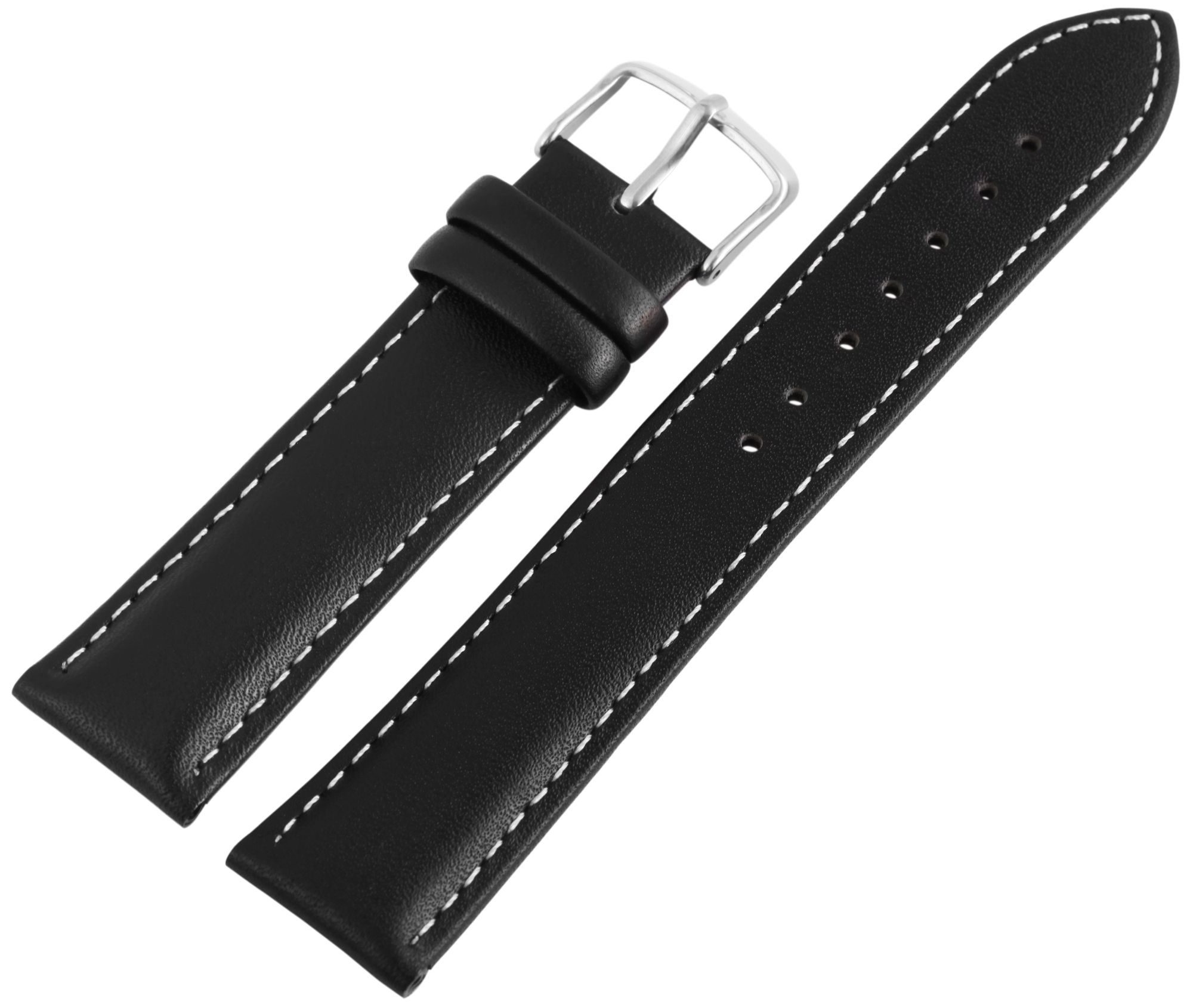 Echtleder-Uhrenarmband, schwarz, weiße Naht, 12 mm