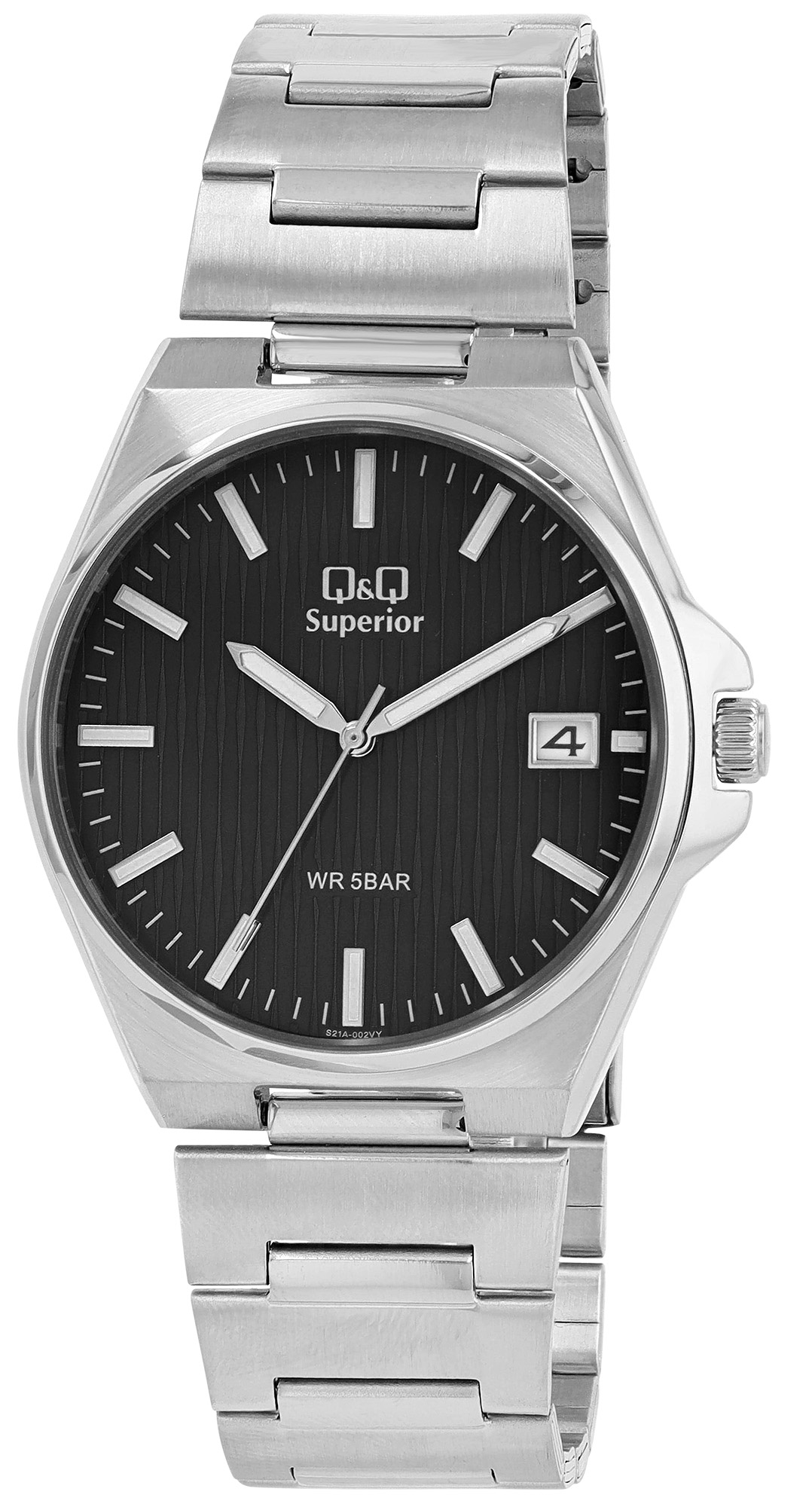Q&Q Superior Herrenuhr Ø 40 mm, Edelstahlgehäuse, Edelstahlband, silberfarben/schwarz