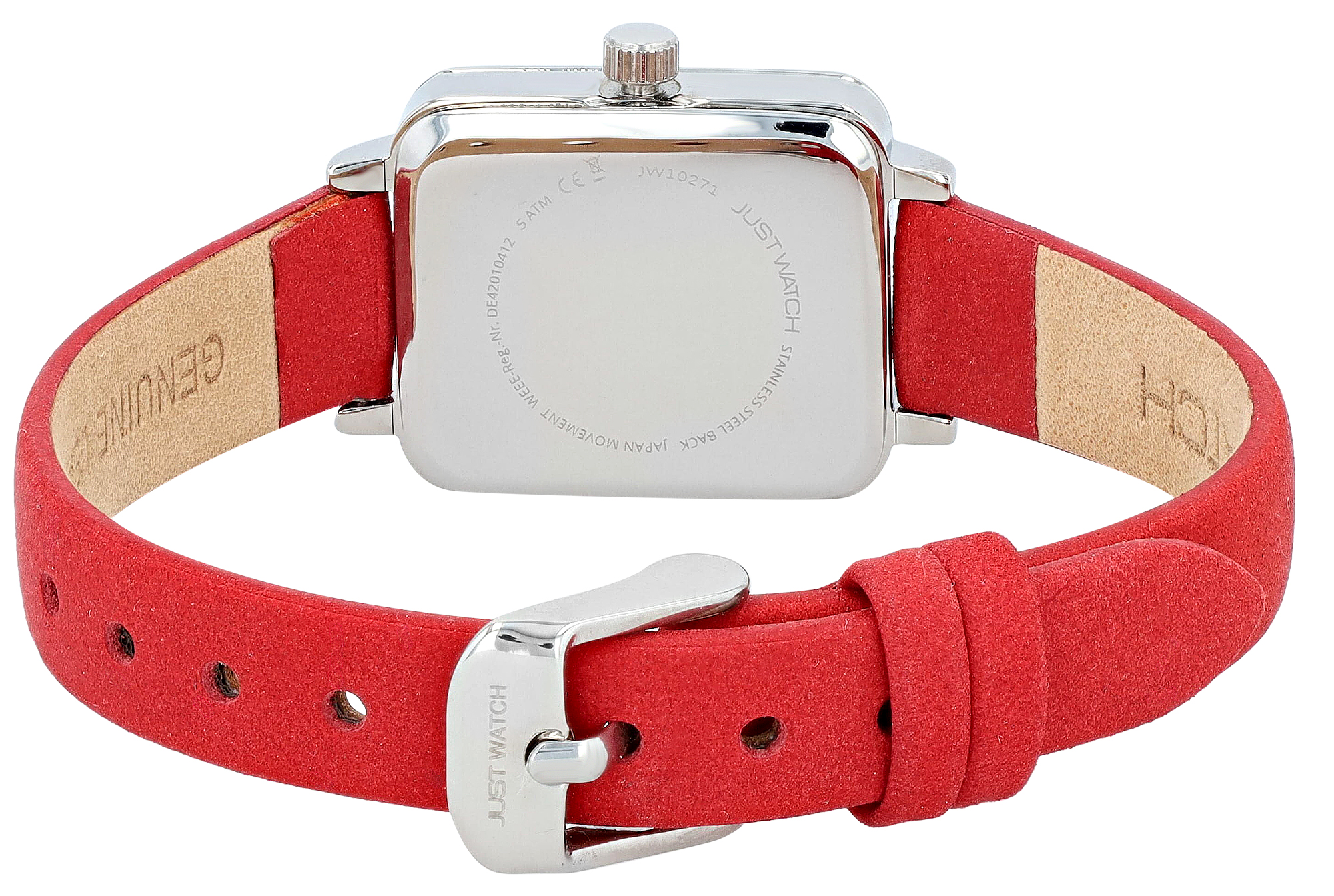 JUST WATCH Damenuhr "Aveline" mit Echtlederband, eckiges Design, rot/ silberfarben