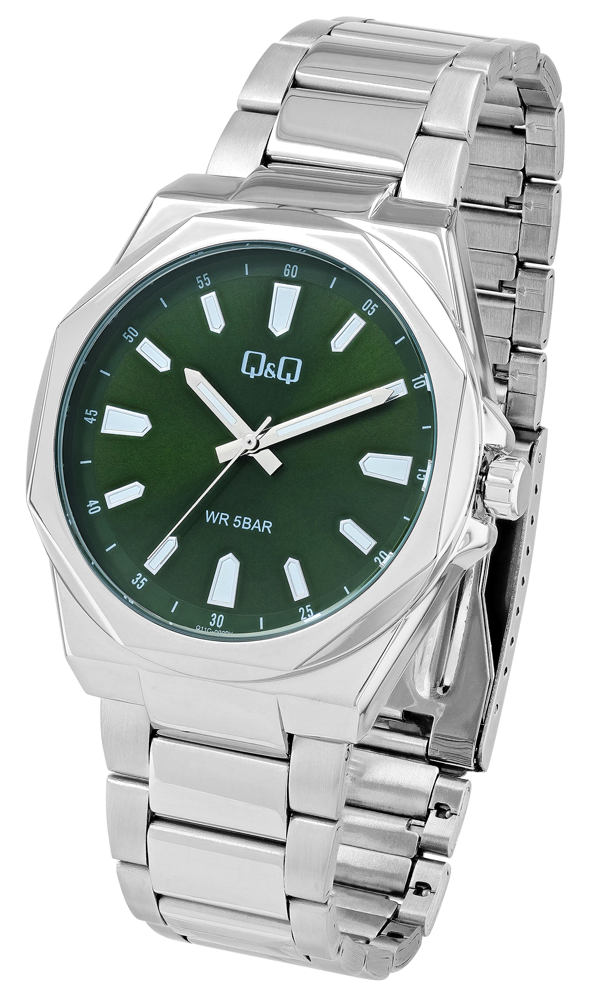 Q&Q Herrenuhr mit Edelstahlband, Ø 42 mm, silberfarben/ grün