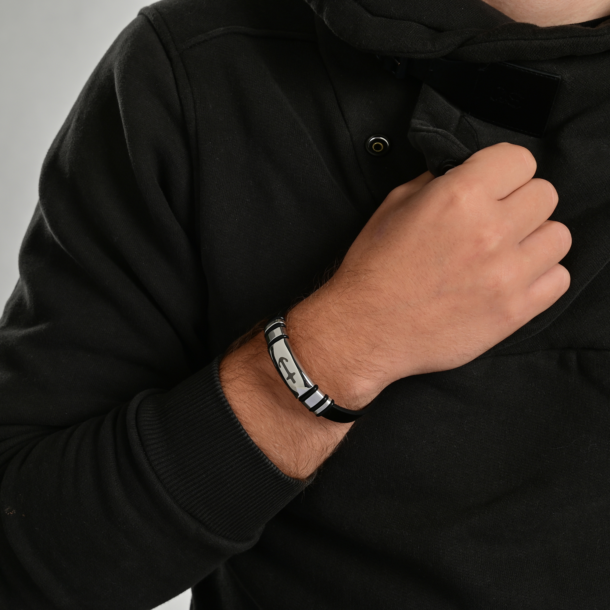 Akzent Echtlederarmband mit Edelstahlelement, Ankermotiv, schwarz/silberfarben