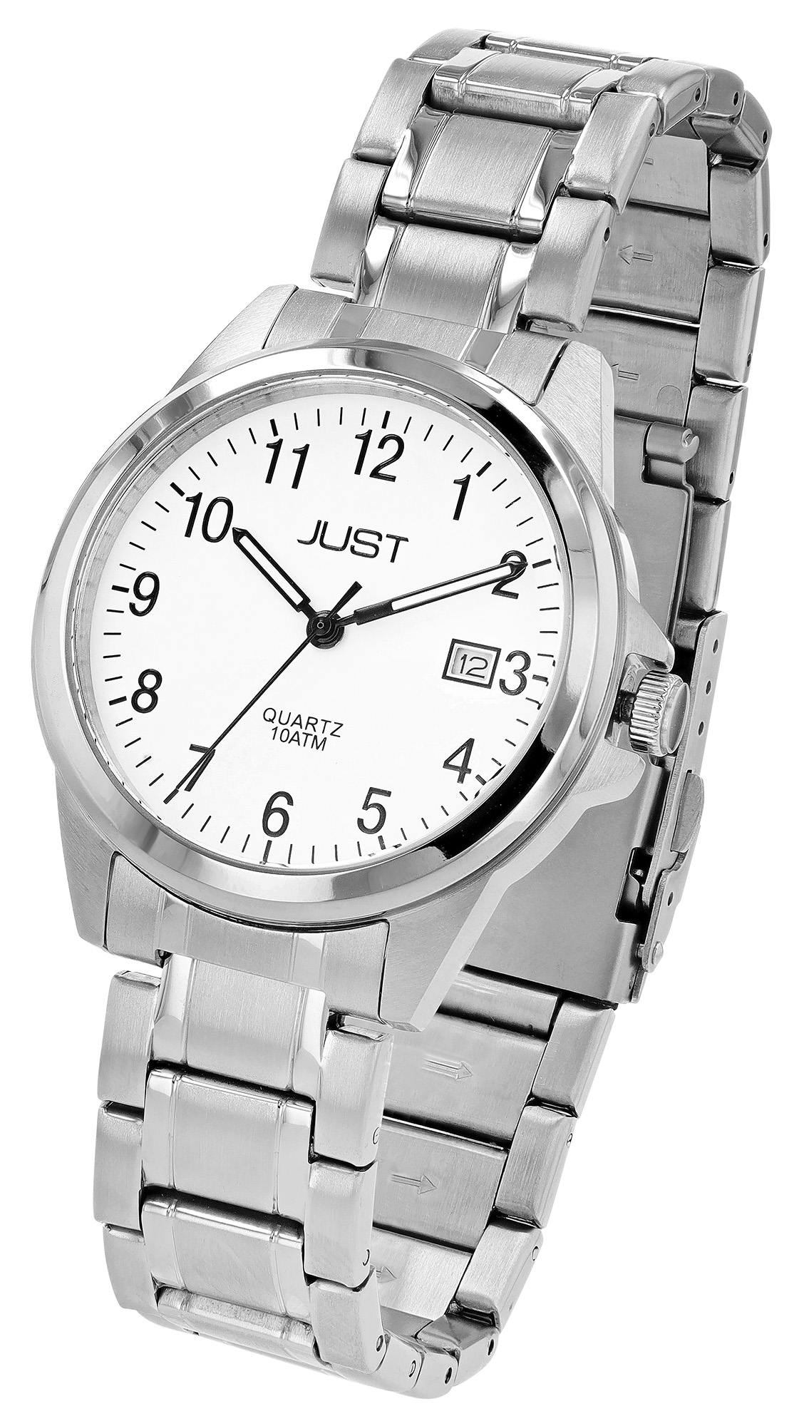 Just "Baroon" Herrenuhr mit Edelstahlband, 3-Zeiger, Datumsanzeige, silberfarben, weißes ZB
