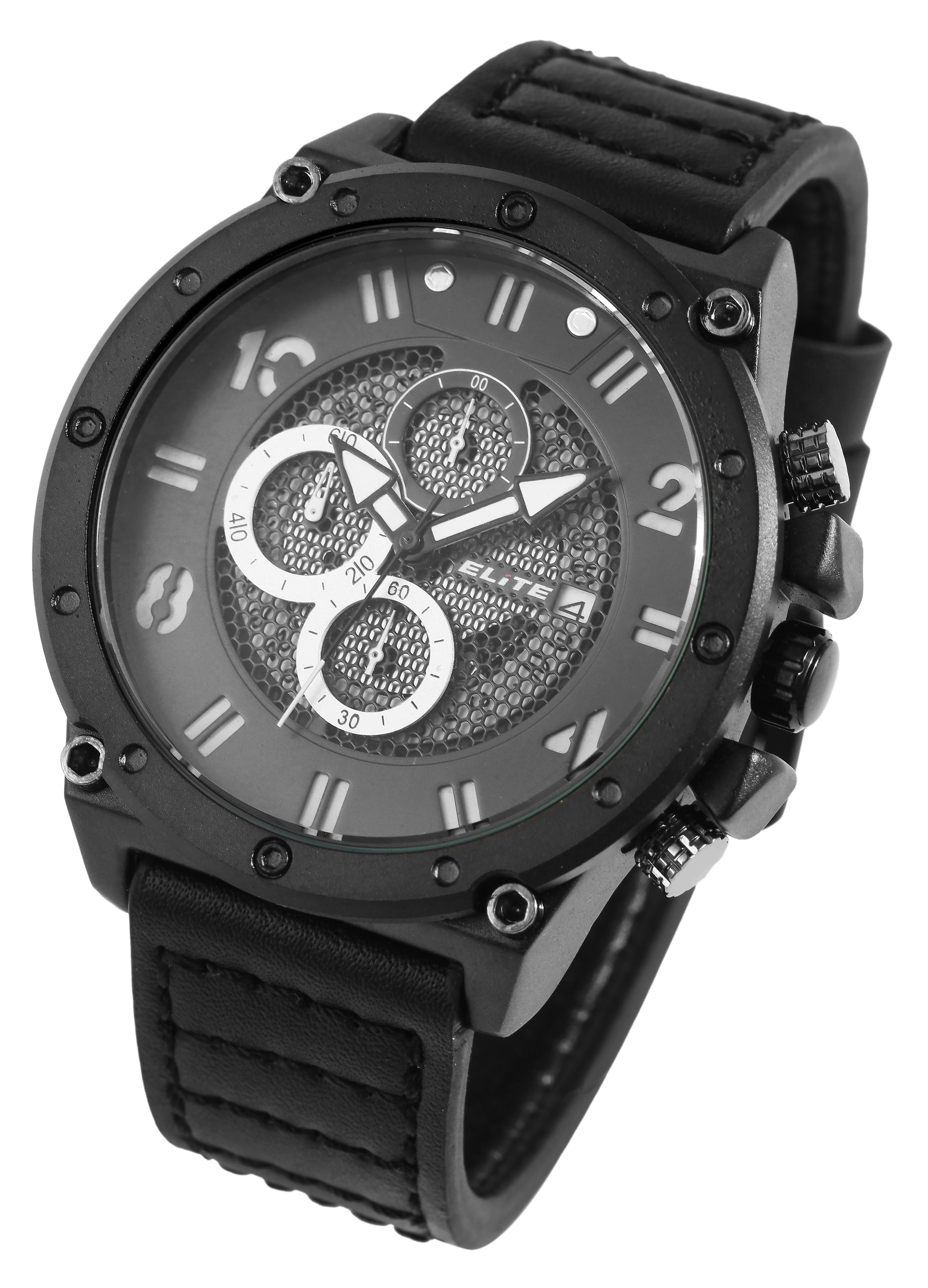 ELITE Herrenchronograph mit Echtlederarmband, schwarz