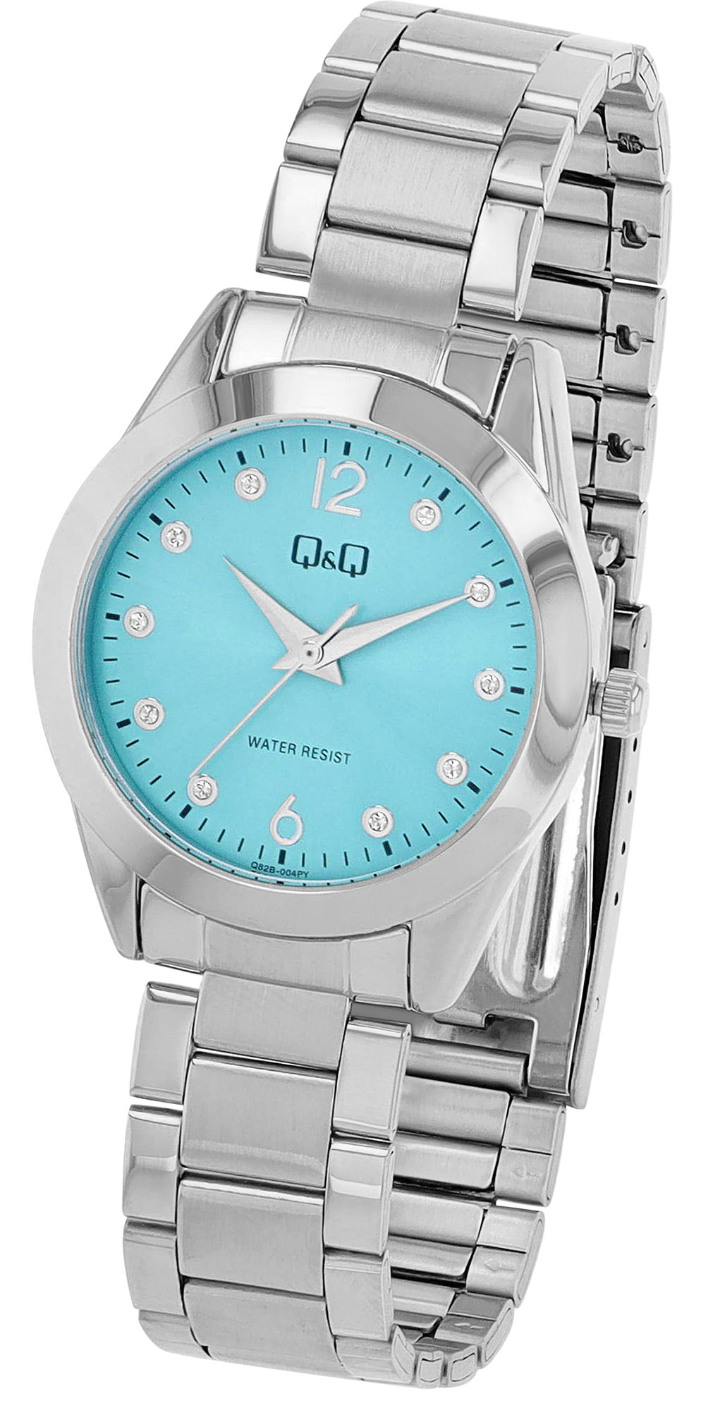 Q&Q Damenuhr mit Edelstahlband, Ø 34 mm, silberfarbe/ türkis