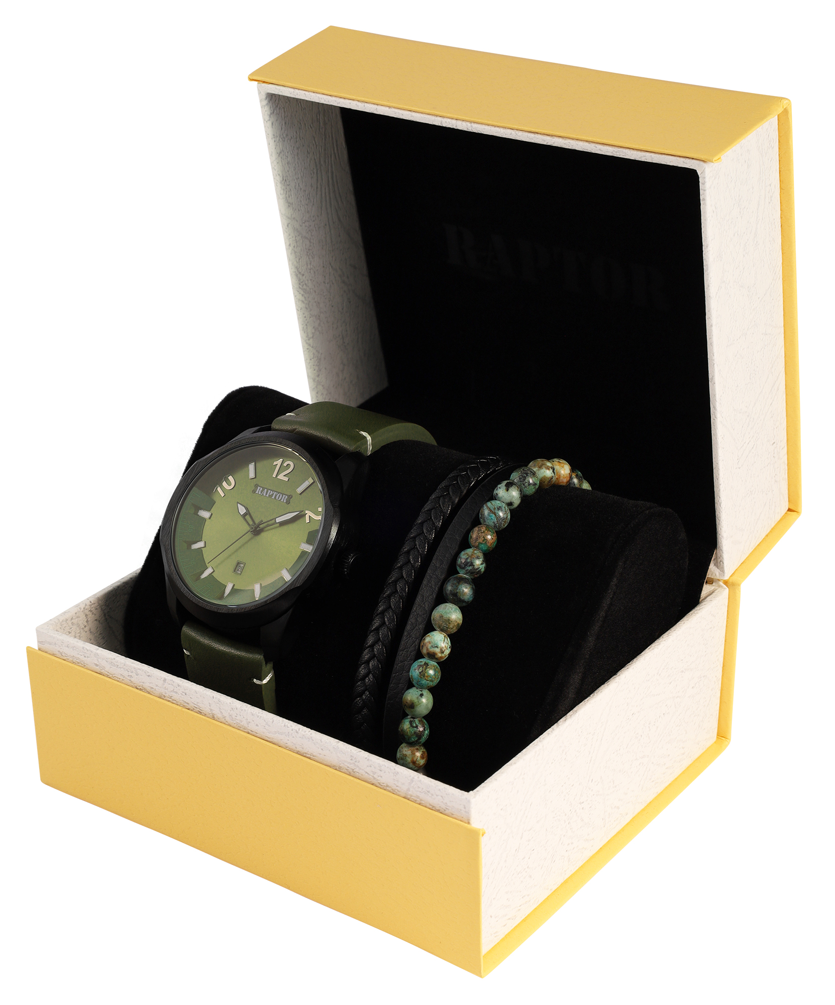 Raptor Herren Geschenkset - Herrenuhr Echtlederband mit Armband 21 cm aus Echtleder/ Tigerauge