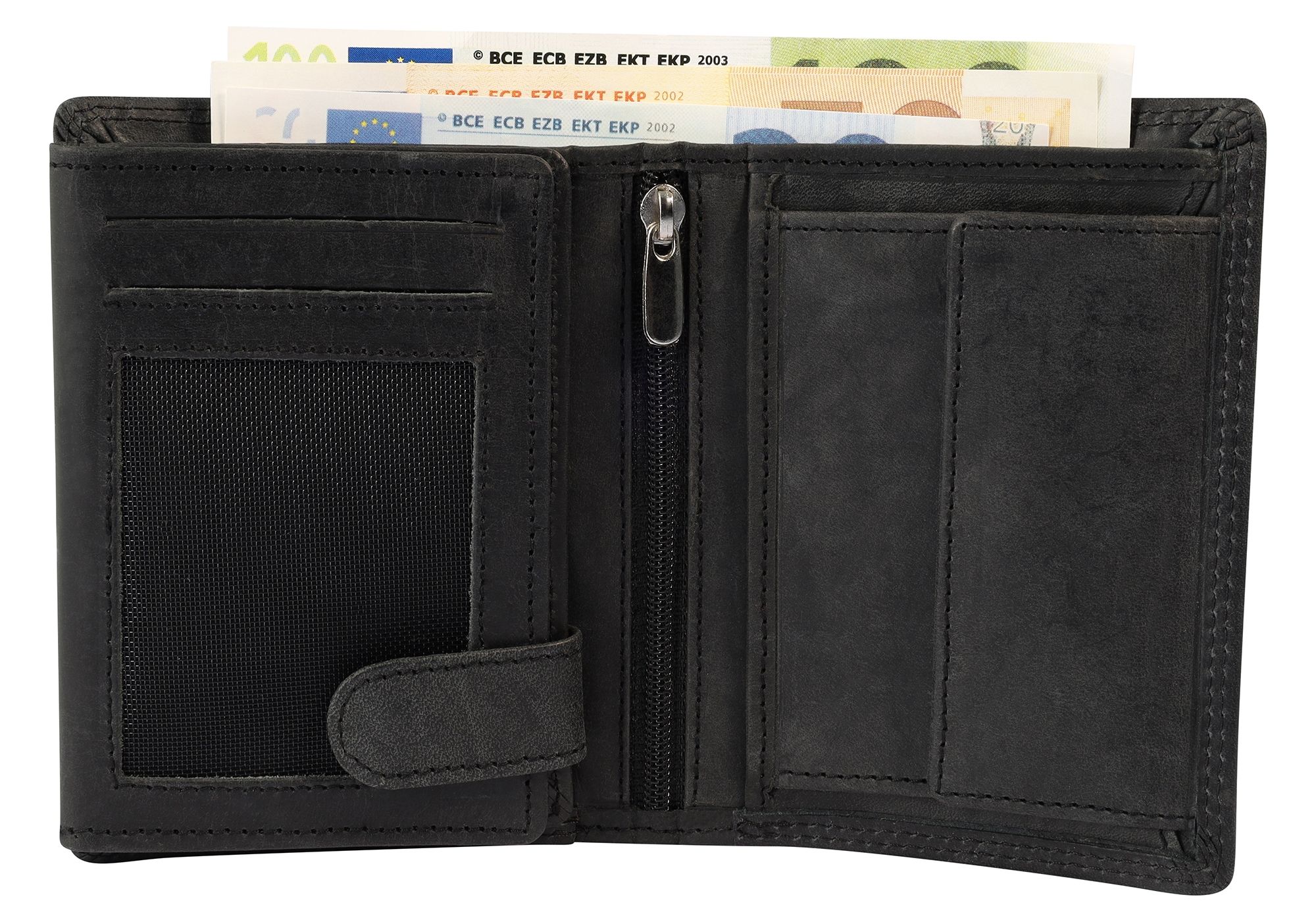 Akzent Echt Leder (Hunter-Leder) Geldbörse, RFID, Hochformat, "Fischer/ Angler", schwarz
