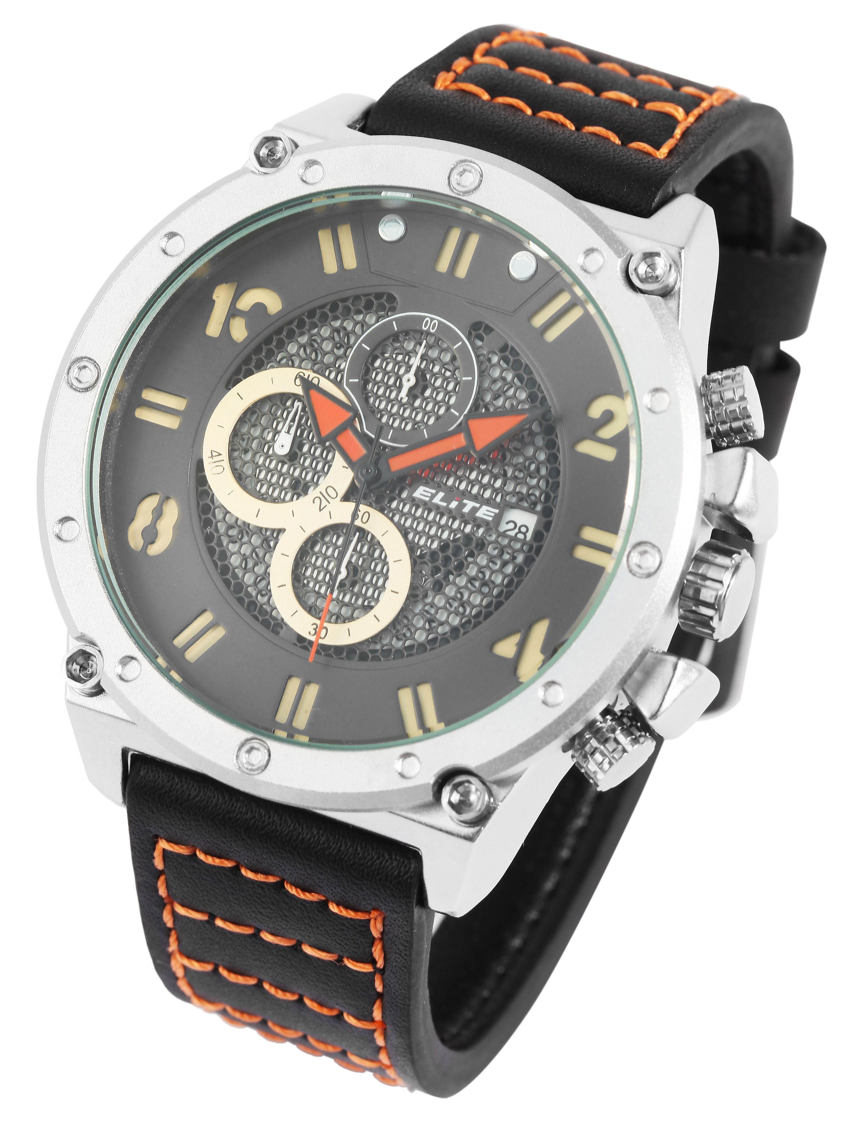 ELITE Herrenchronograph mit Echtlederarmband, schwarz/silberfarben/orange