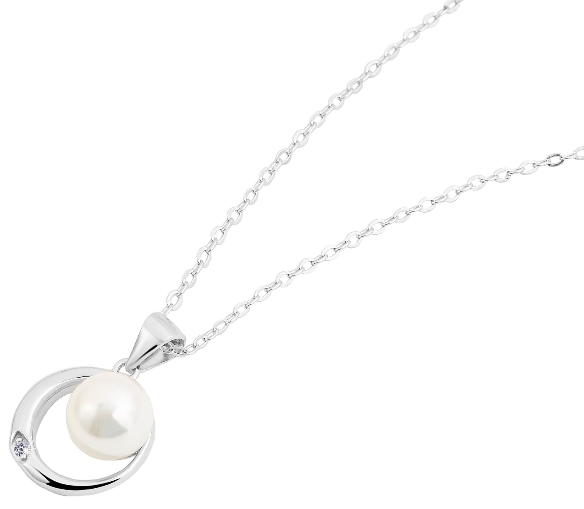 "Marit" 925/- Echt Silber Kette 43+5 cm mit Anhänger, Imitationsperle, rhodiniert