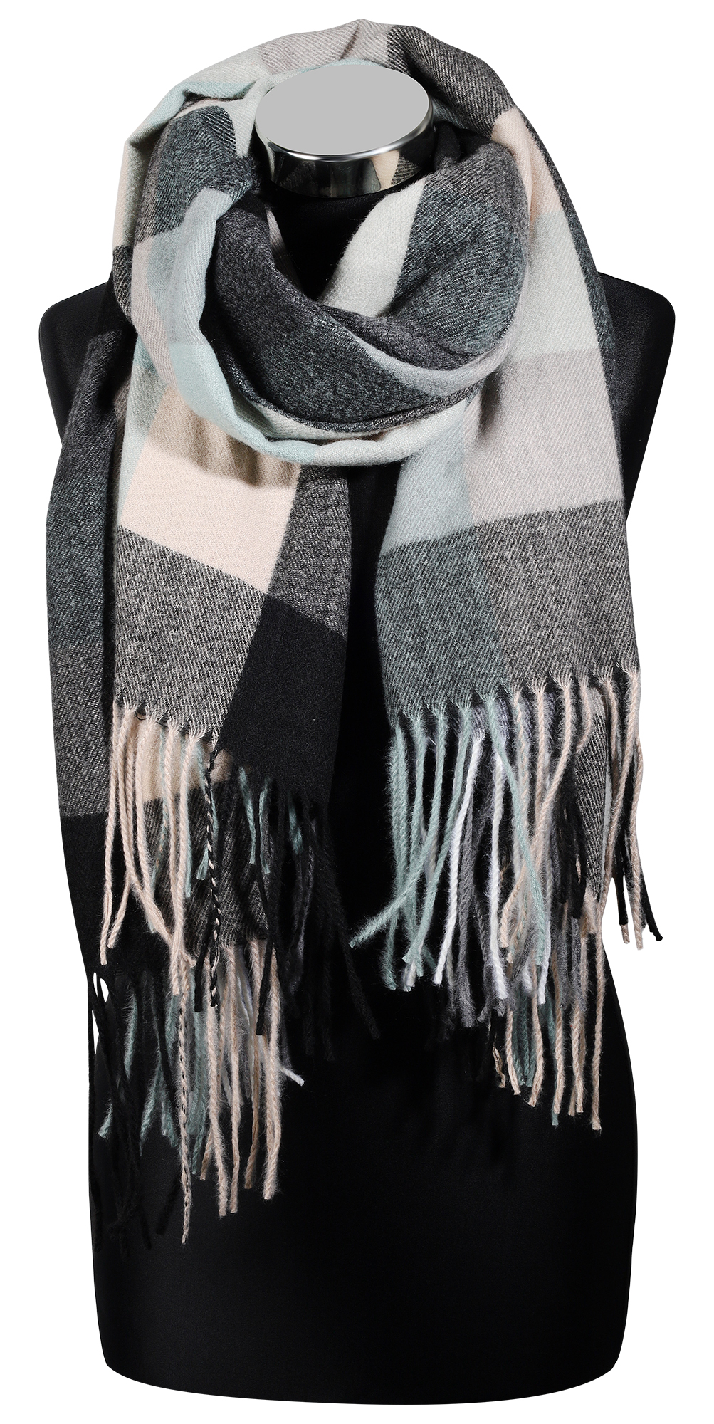 Winterschal Karo-Muster, mehrfarbig (schwarz/ beige/ mint), 100% Viskose, VE 4