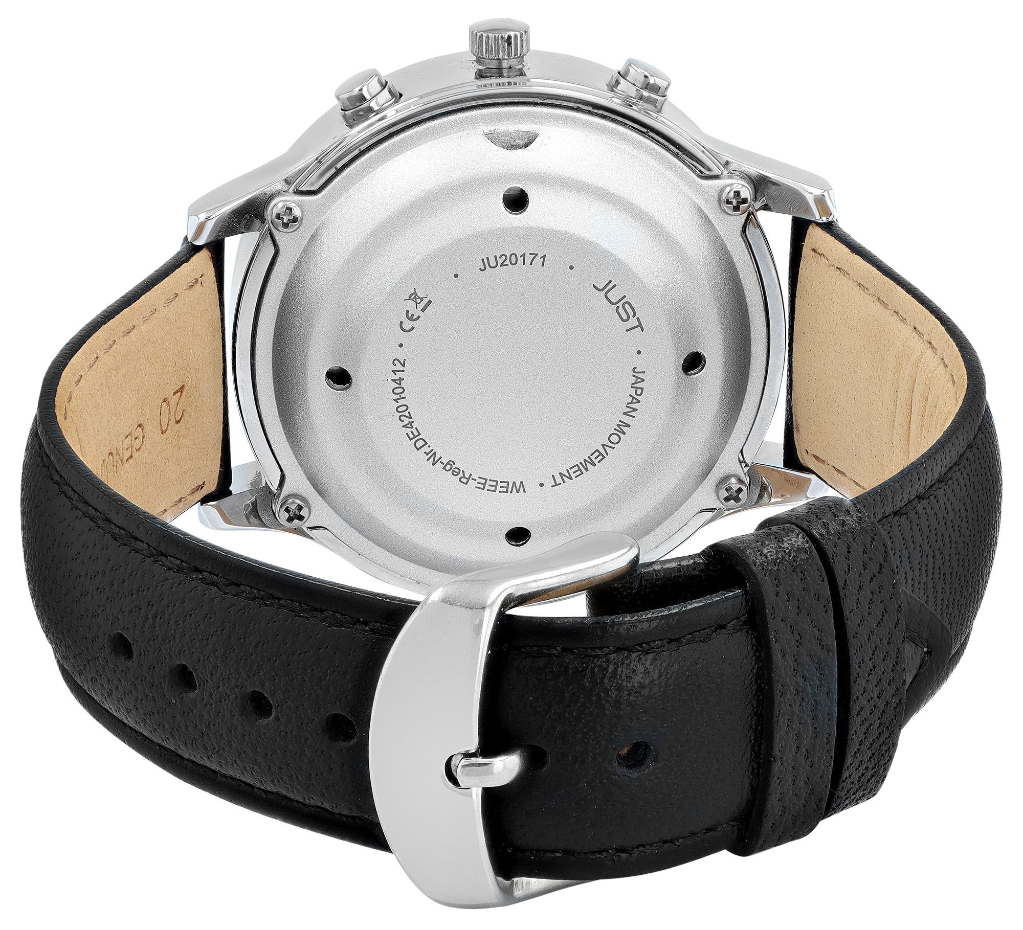 Just "VITA Voice" sprechende Funk-Uhr Ø 41 mm, Echt Lederband, schwarz/silberfarben/weiß
