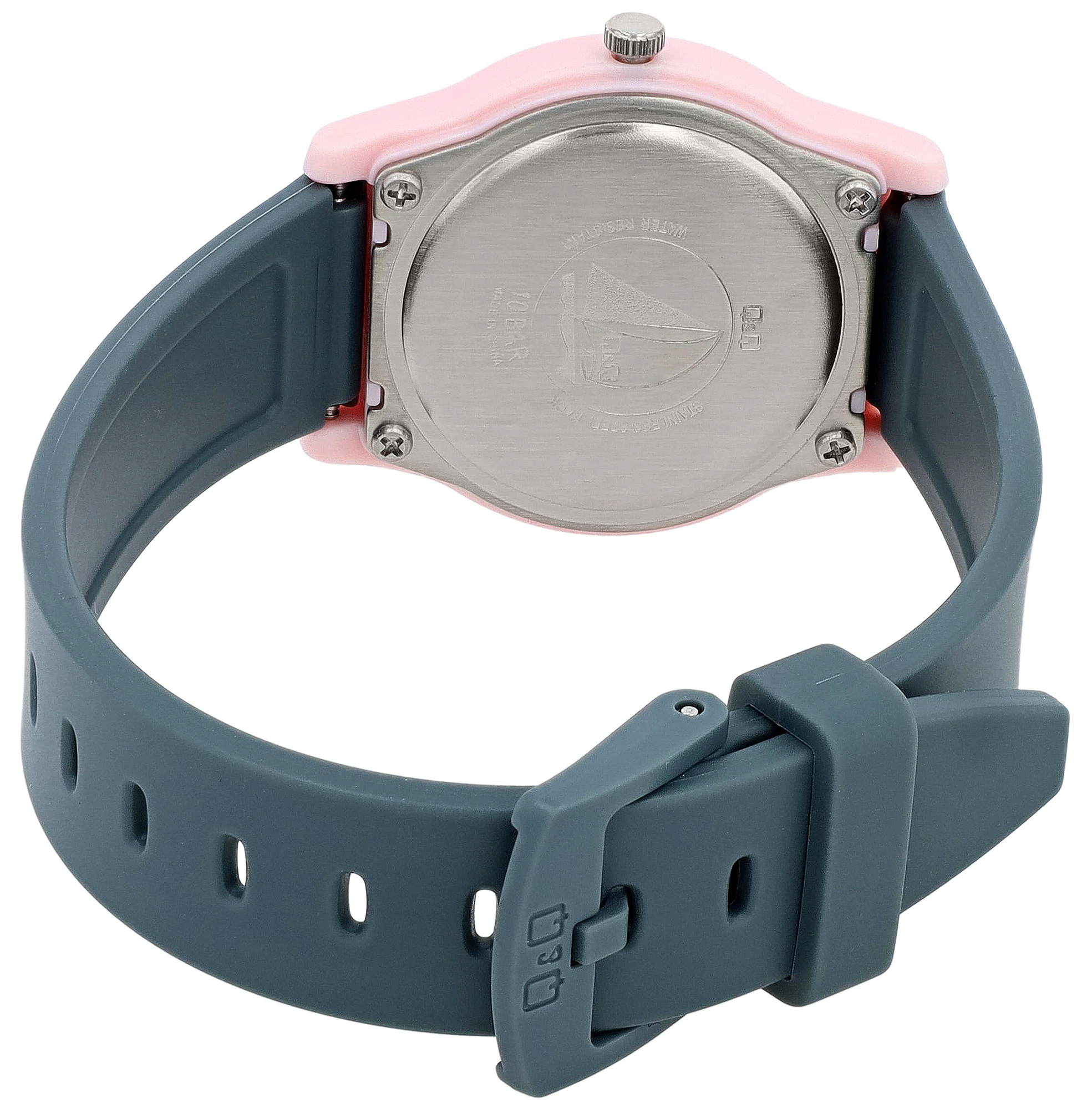 Q&Q Kinderuhr Ø 31 mm, Resinband, graublau/ rosa - Sterne