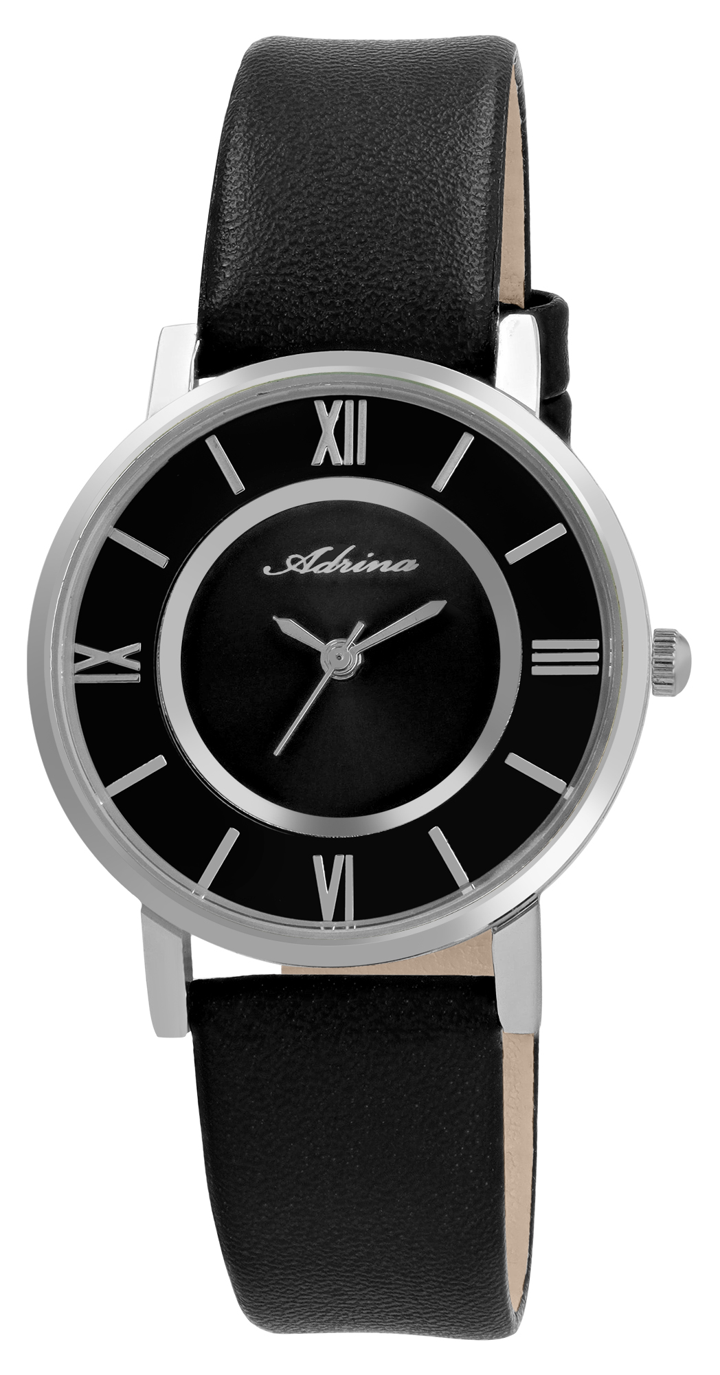 Adrina Damenuhr mit Lederimitationsband, Ø 32 mm, schwarz/ silberfarben