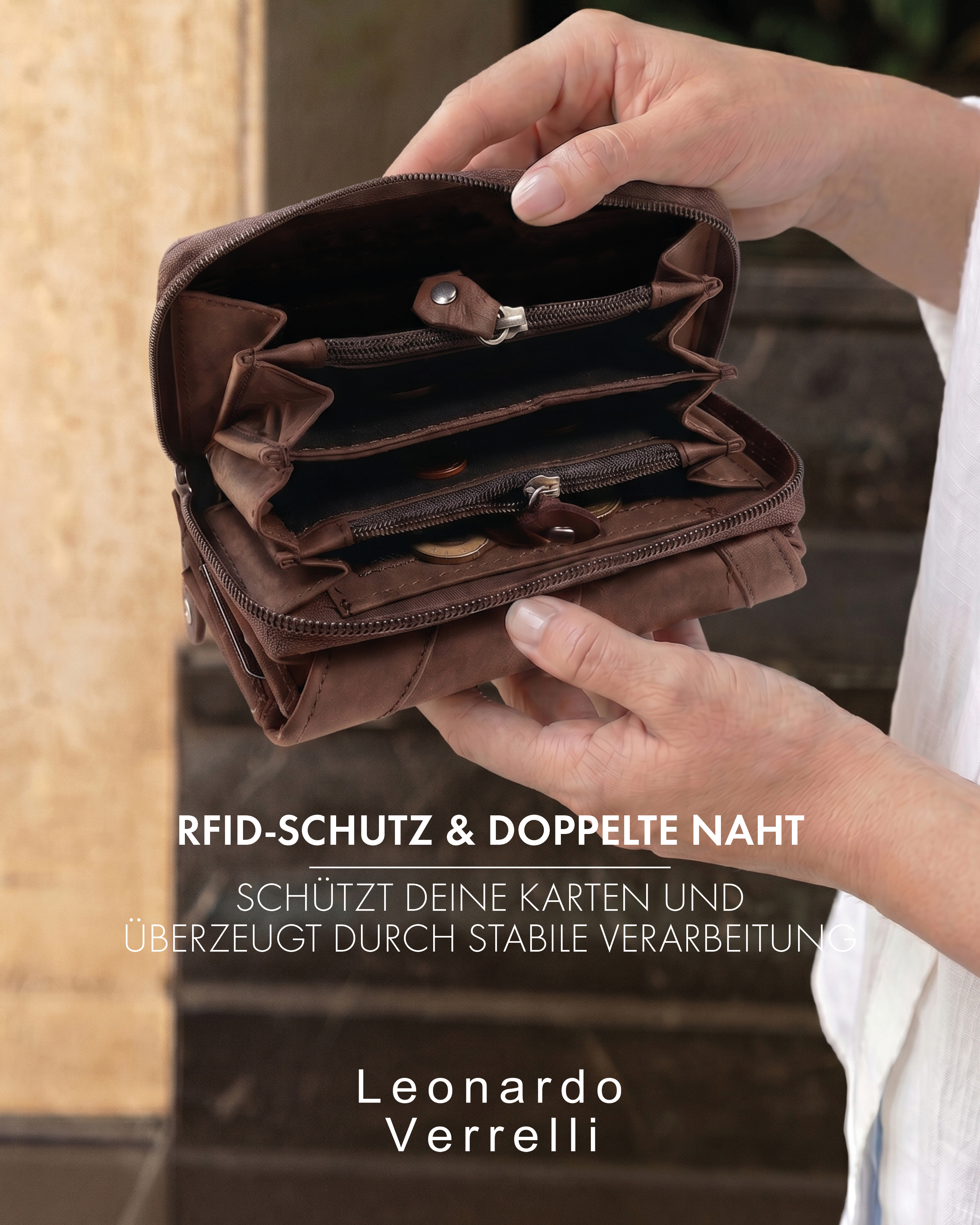 Leonardo Verrelli Echtleder (Hunter) Damen Geldbörse, Querformat, RFID, dunkelbraun