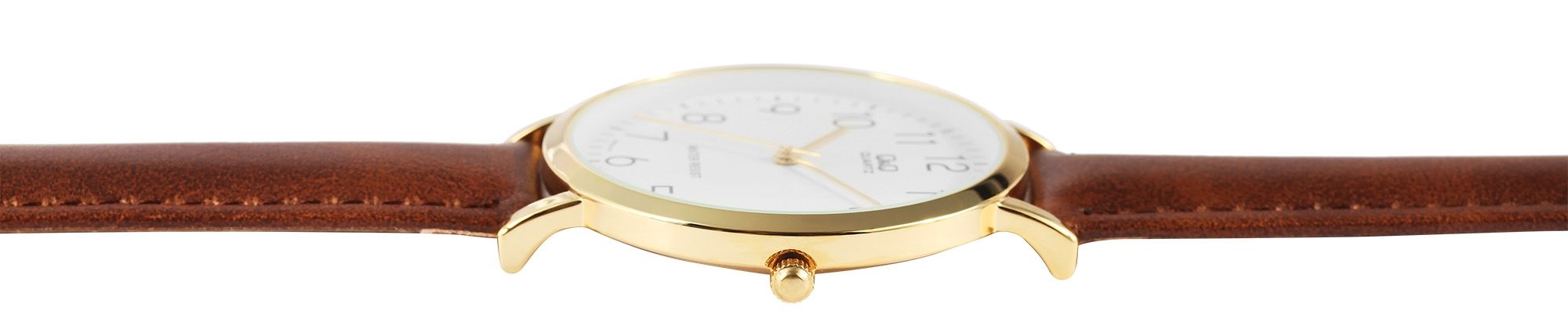 Q&Q Herrenuhr mit Lederimitationsarmband in braun/goldfarben, 3 bar